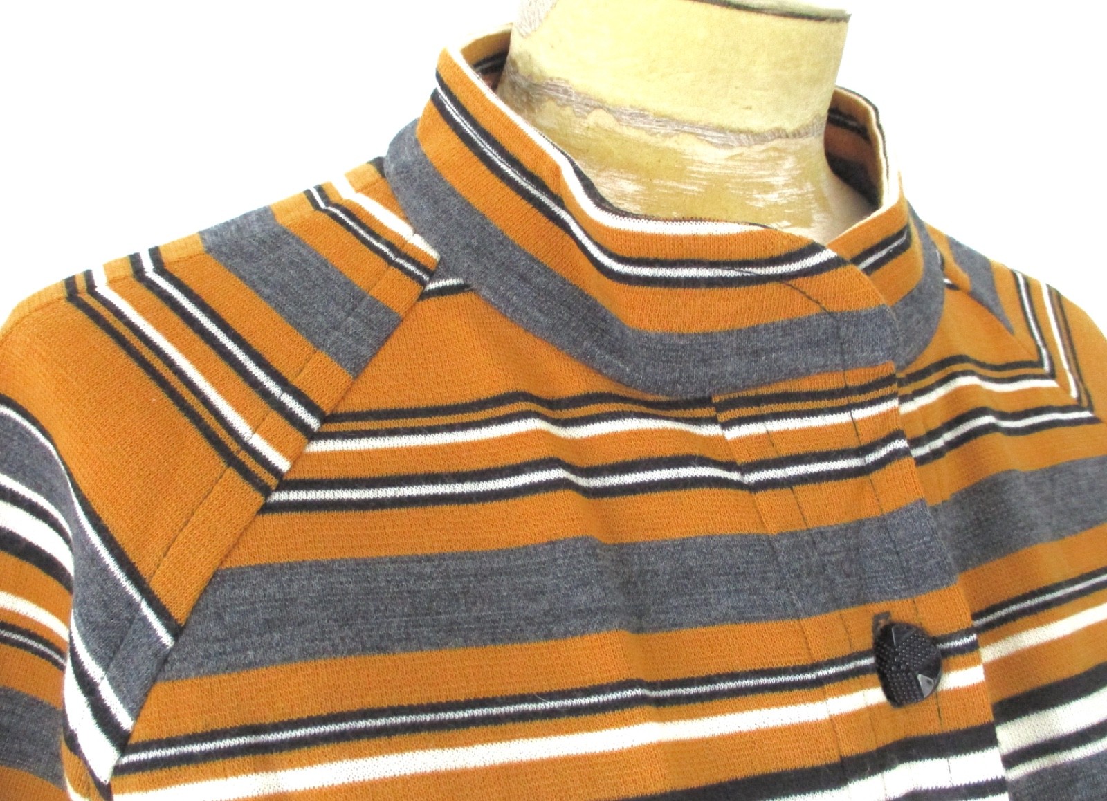 Vtg 60s mod gold gray stripe wool knit button Nehru collar jacket blouse top M/L