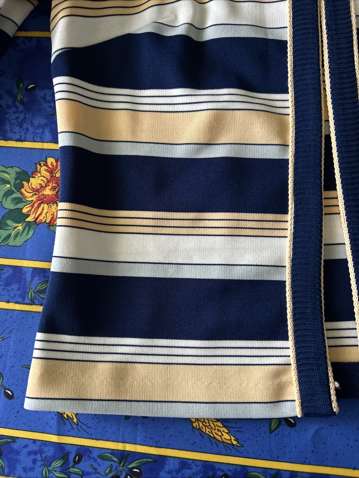 Vtg Lady Carol of New York 2 Pc Navy Knit Dress With Belt & Open Striped Jacket