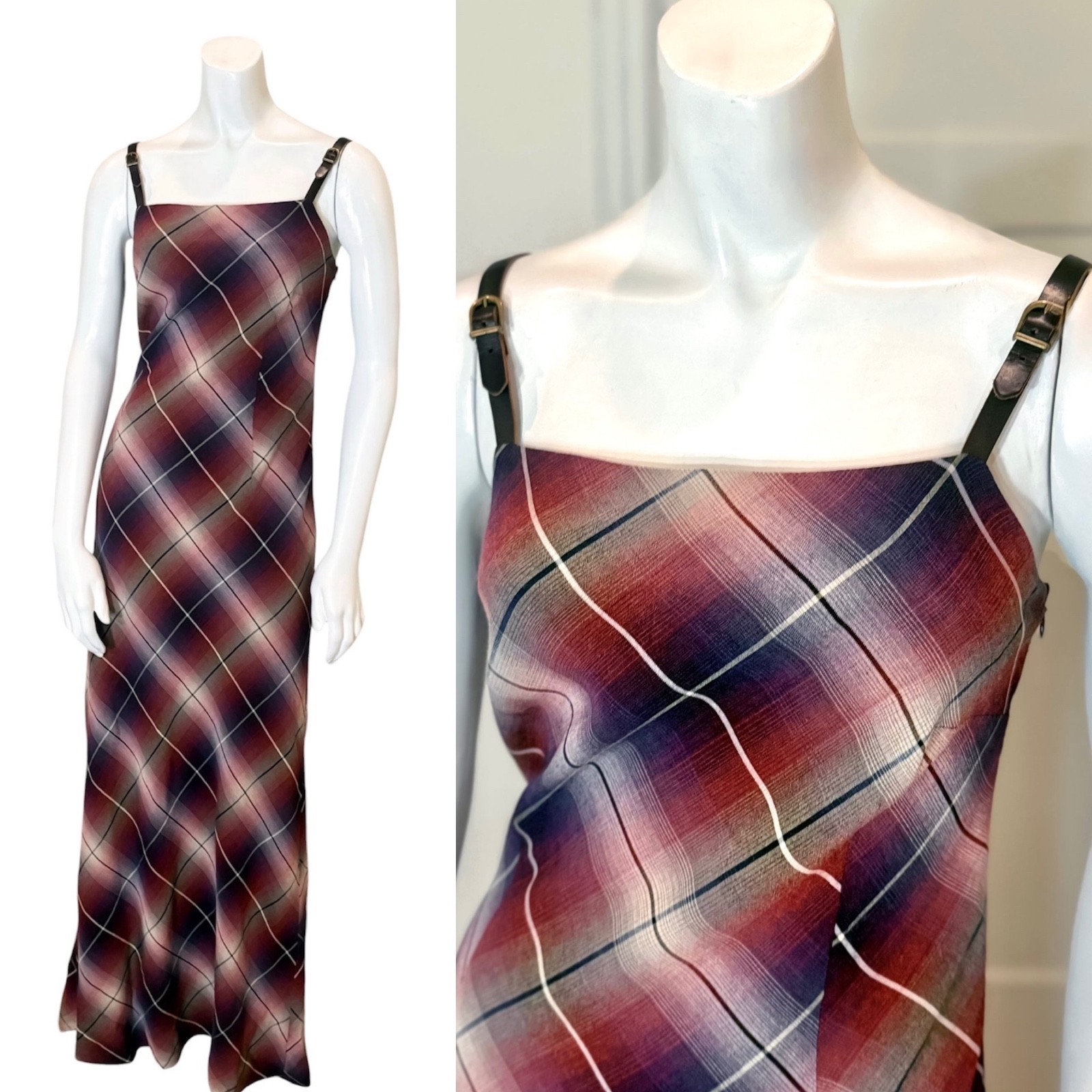 Vintage 90’s Y2K PLAID MAXI DRESS w LEATHER STRAPS M Grunge Punk Mall Core Prom