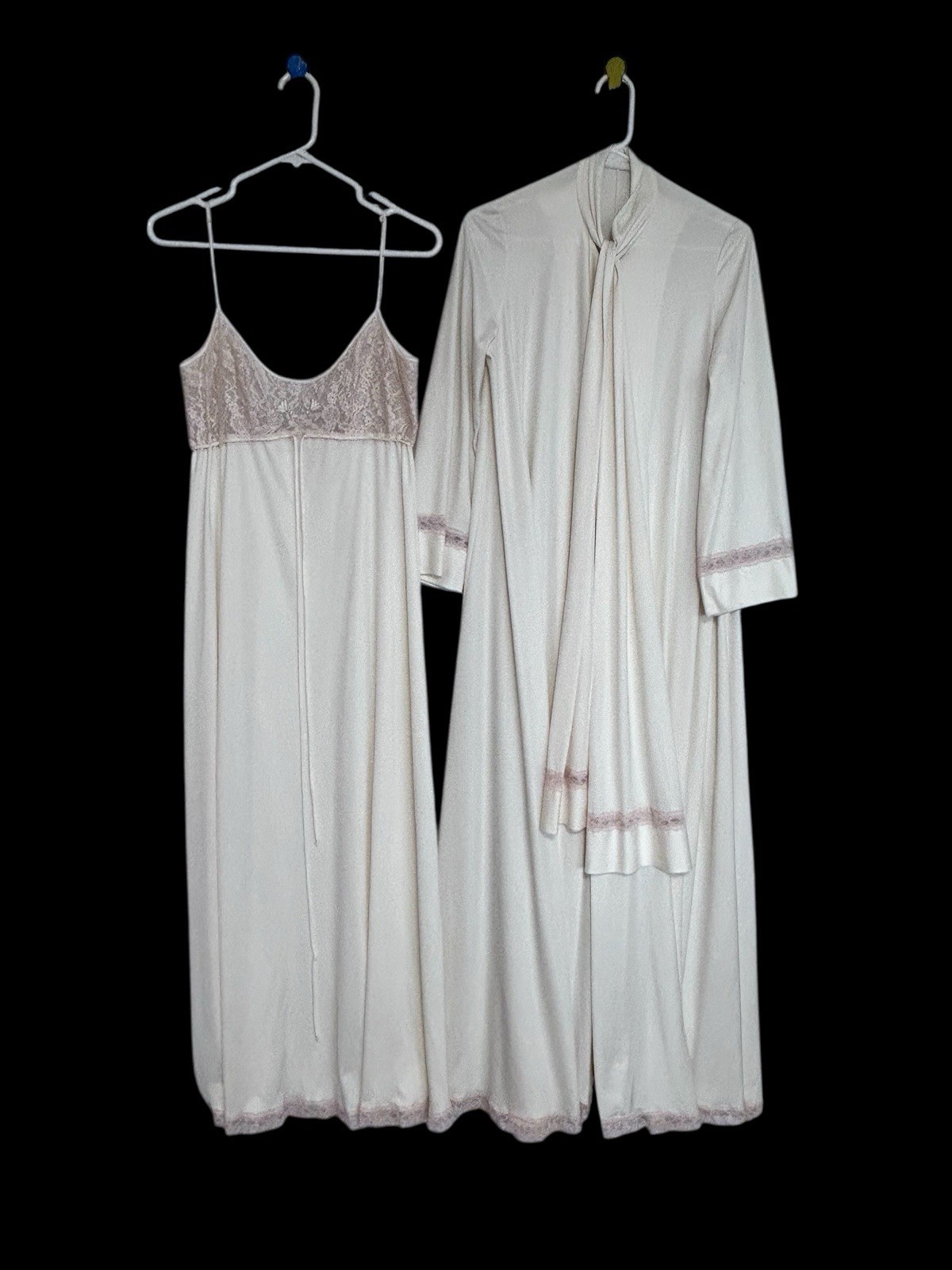 VTG Claire Sandra Lucie Ann Long Nightgown & Robe Champagne Beige Lace Peignoir