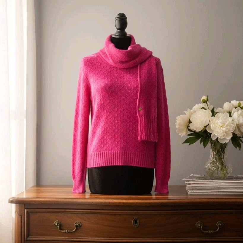 Chanel Runway 2012 Fall Pink Fuchsia Alpaca Knit Sweater Attached Scarf Jumper S