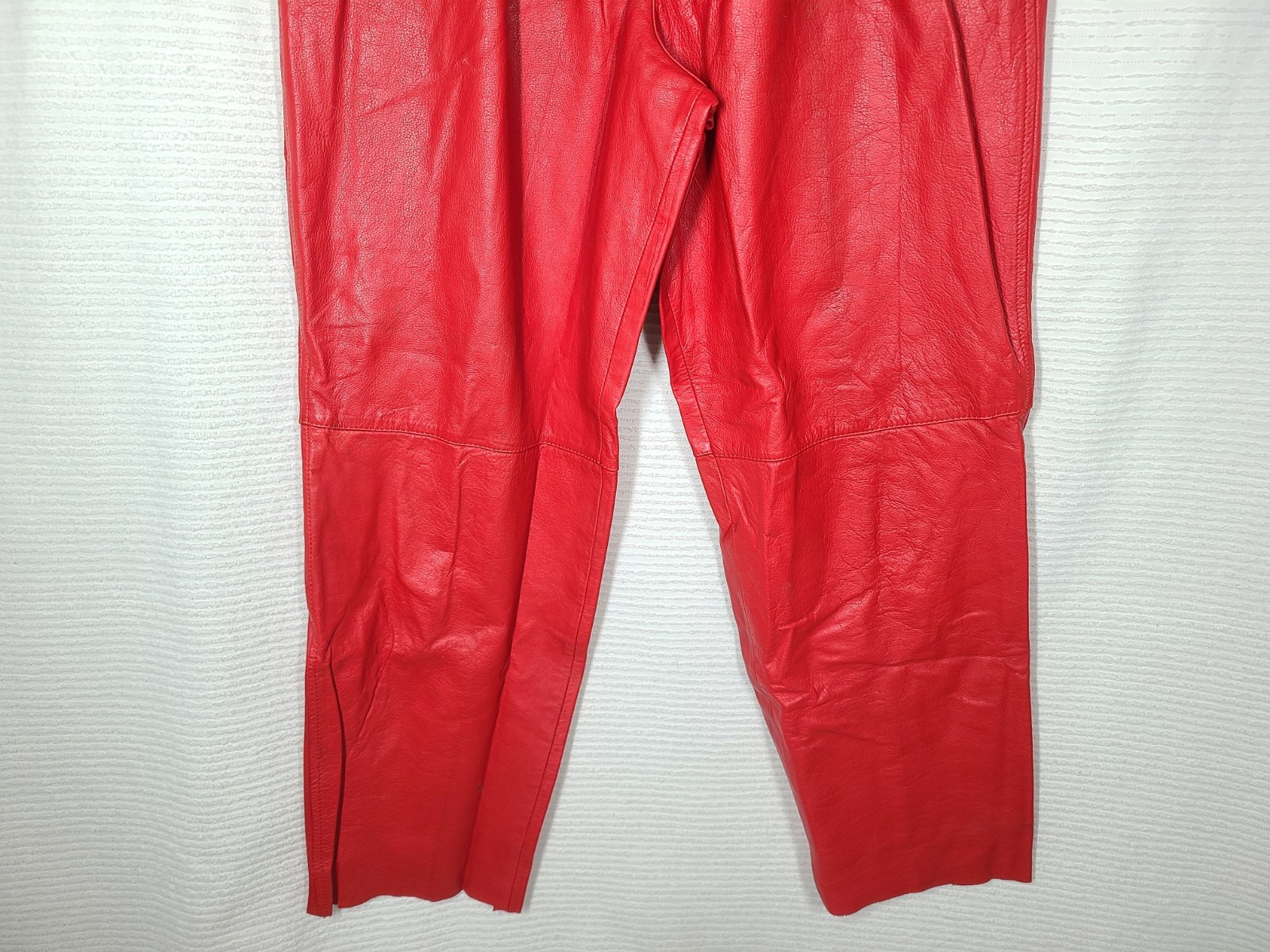 Vtg 80s Red Leather Pants Pleated High Waist 13/14 Mom Jeans Genuine Raw Hem