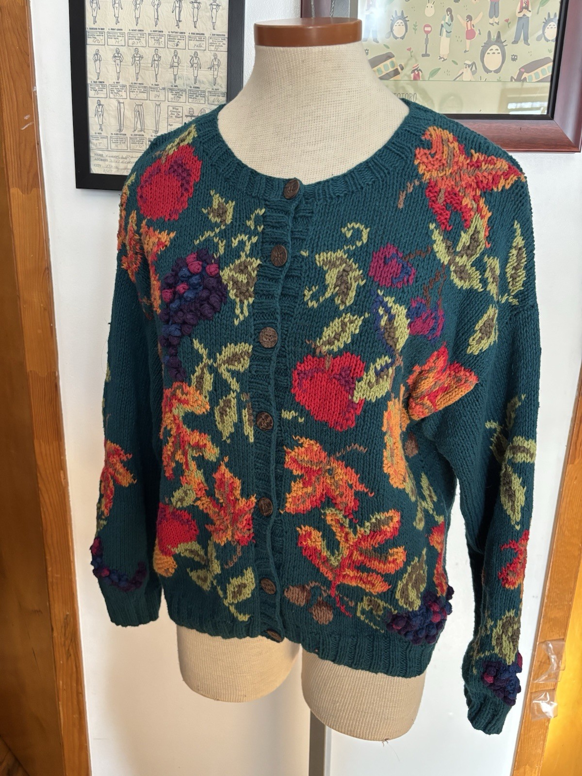 VINTAGE: ROBERT SCOTT Fruit Grapes Cotton/Ramie Cardigan *SZ. PM (TEAL MULTI)
