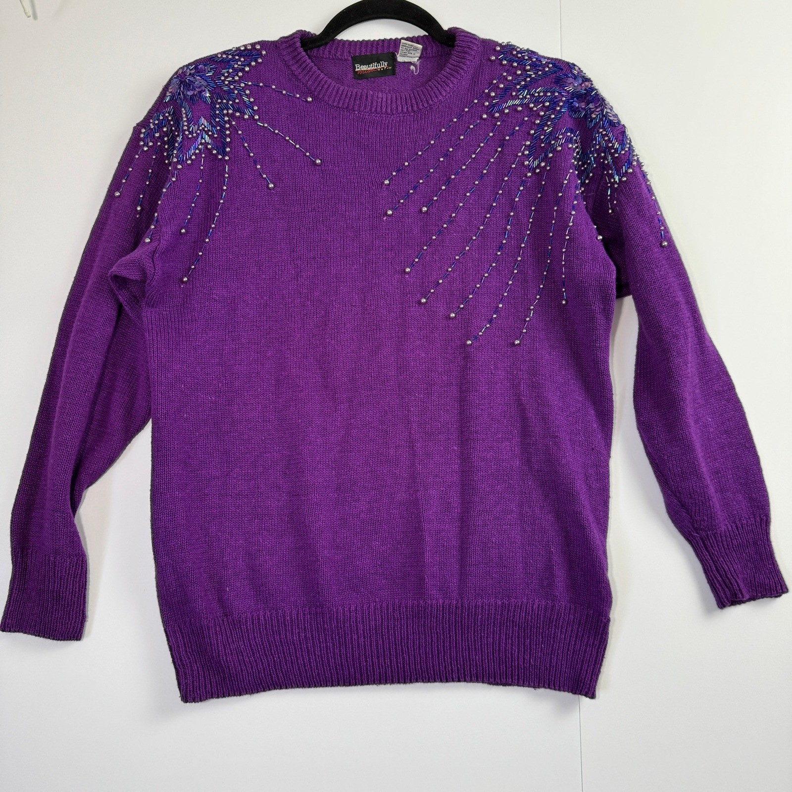 Beautifully Mine Vintage Purple Beaded Sequin Sweater Ramie Cotton Womens Large