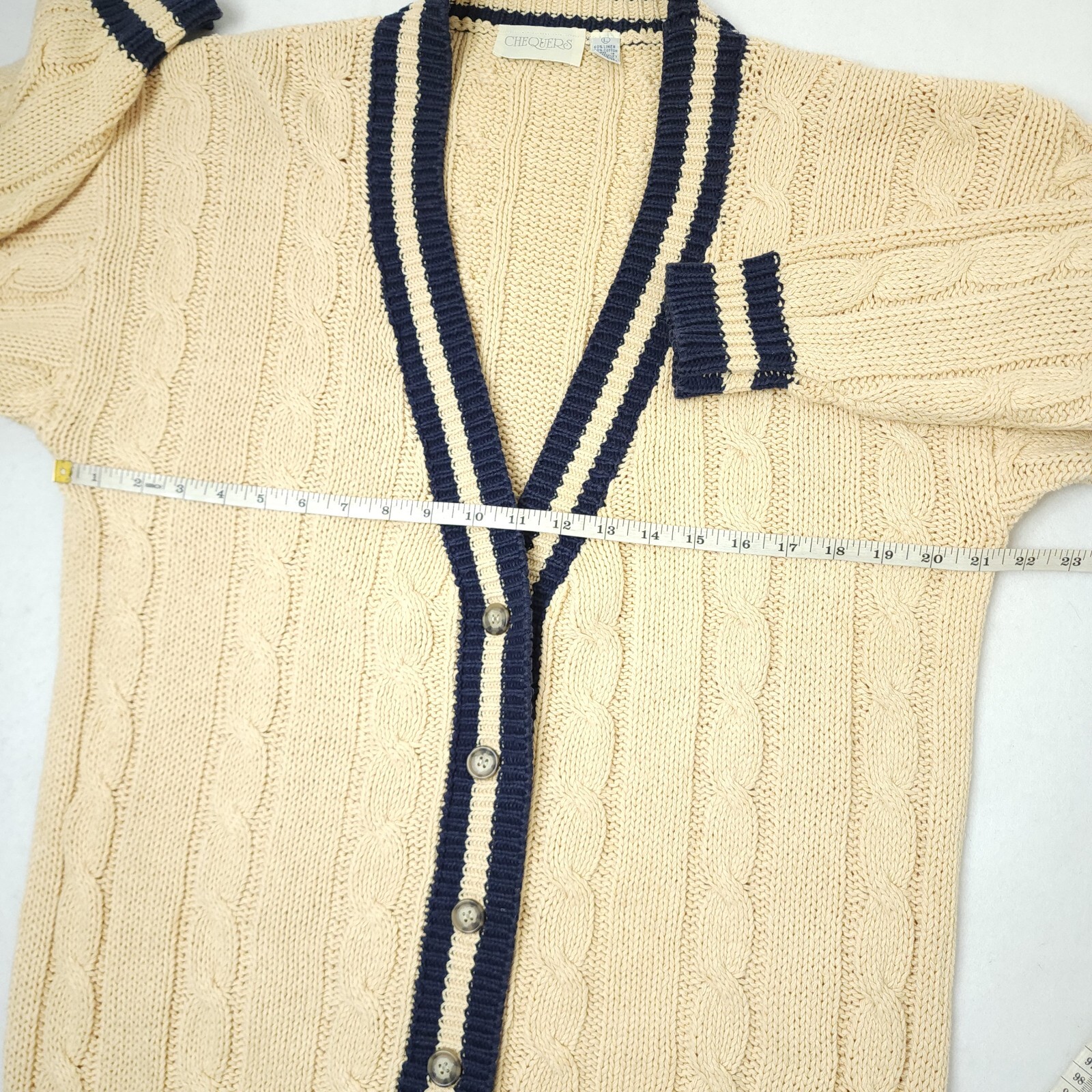 Vintage Chequers Fisherman Cable Knit Cardigan Womens Large Linen Blend Sweater