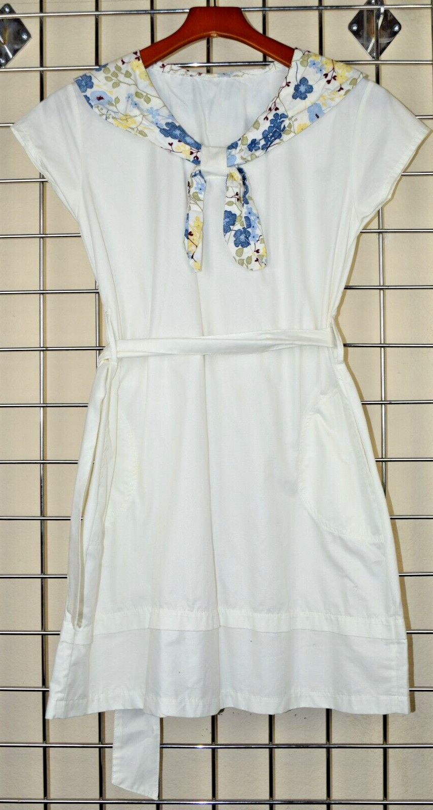 Vintage Dress Size S 70s White Blue Yellow Floral Neck Trim Belt Tie