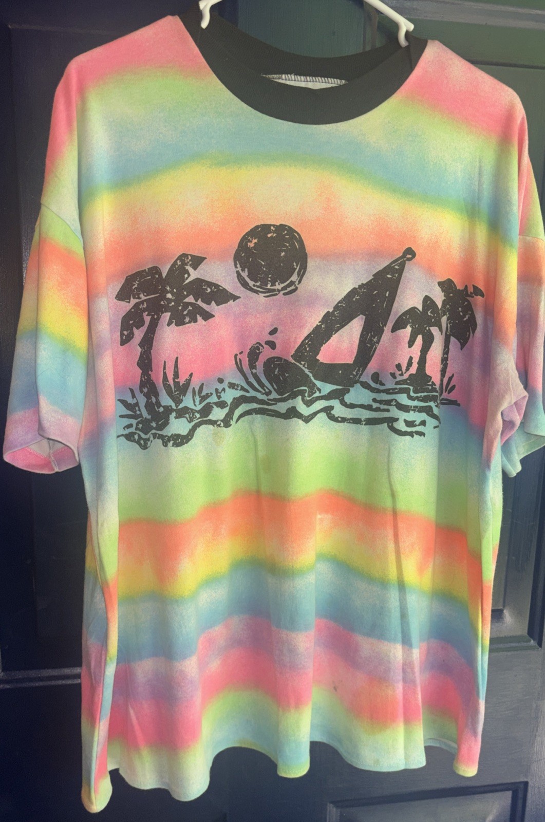Vtg 80s 90s Island Trading Single Stitch T Shirt Women’s Neon Striped *Stains*