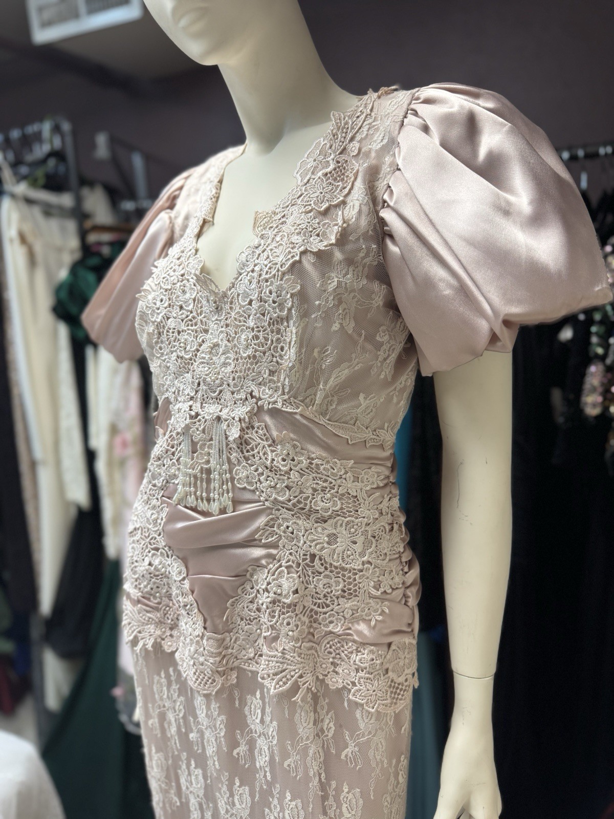 VTG 80s CACHET by Bari Protas Victorian Dusty Rose Satin & Lace Puff Dress S M