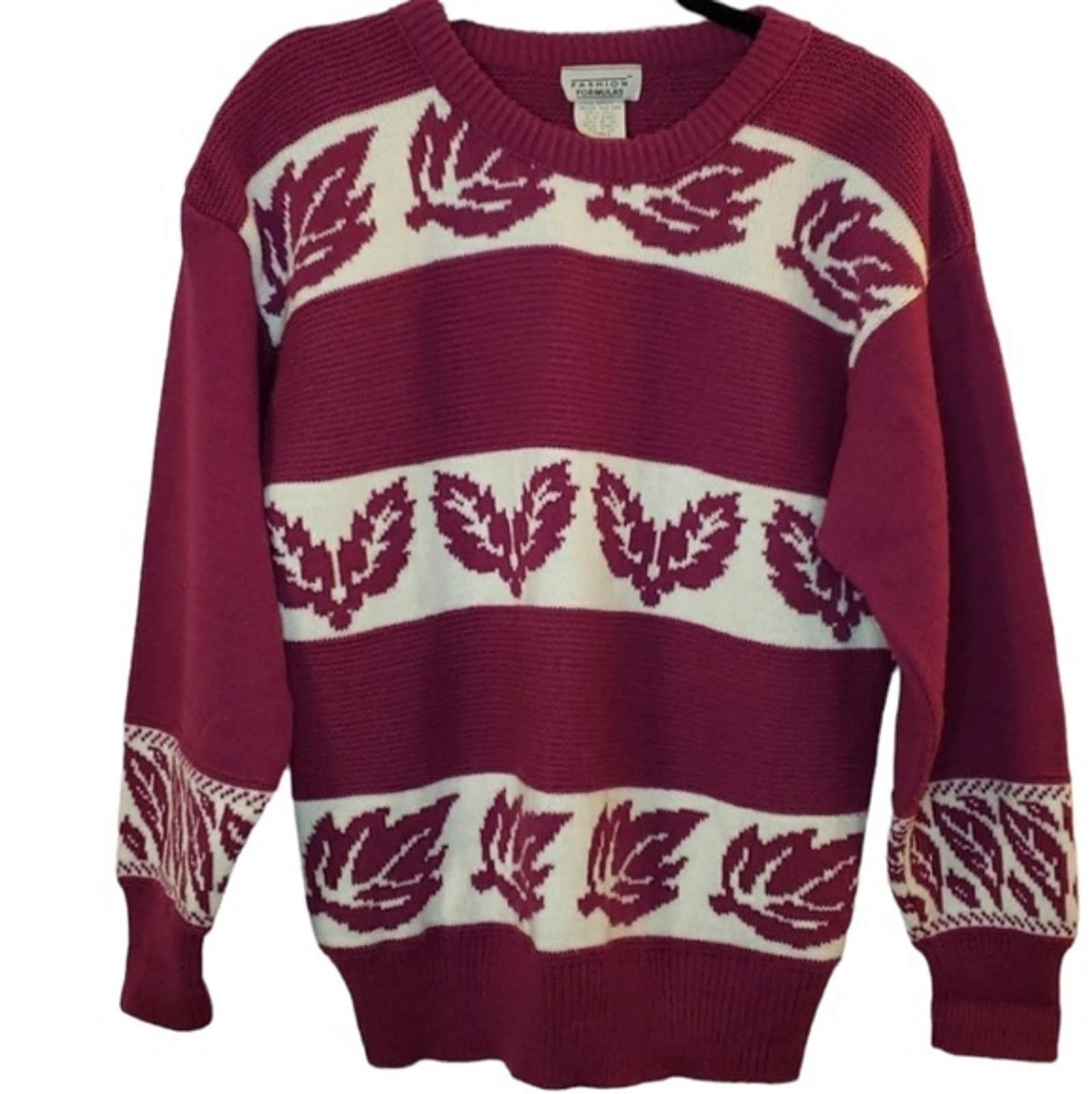 Vtg 90s Fashion Formulas Knit Purple Plum White Sweater Stripe, Leaf Design, Sm
