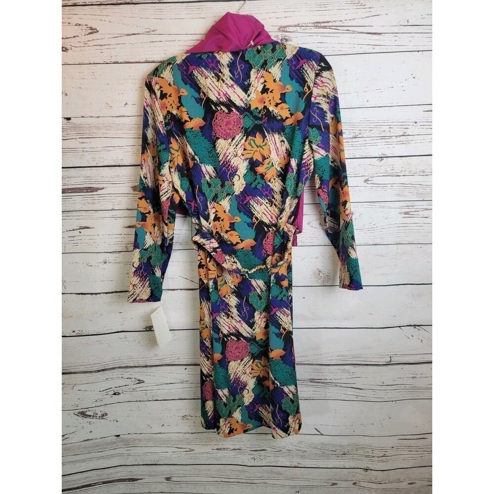 VTG NOS EJM 80s Abstract Floral Scarf Belted Dress Multicolor sz 6 Petite