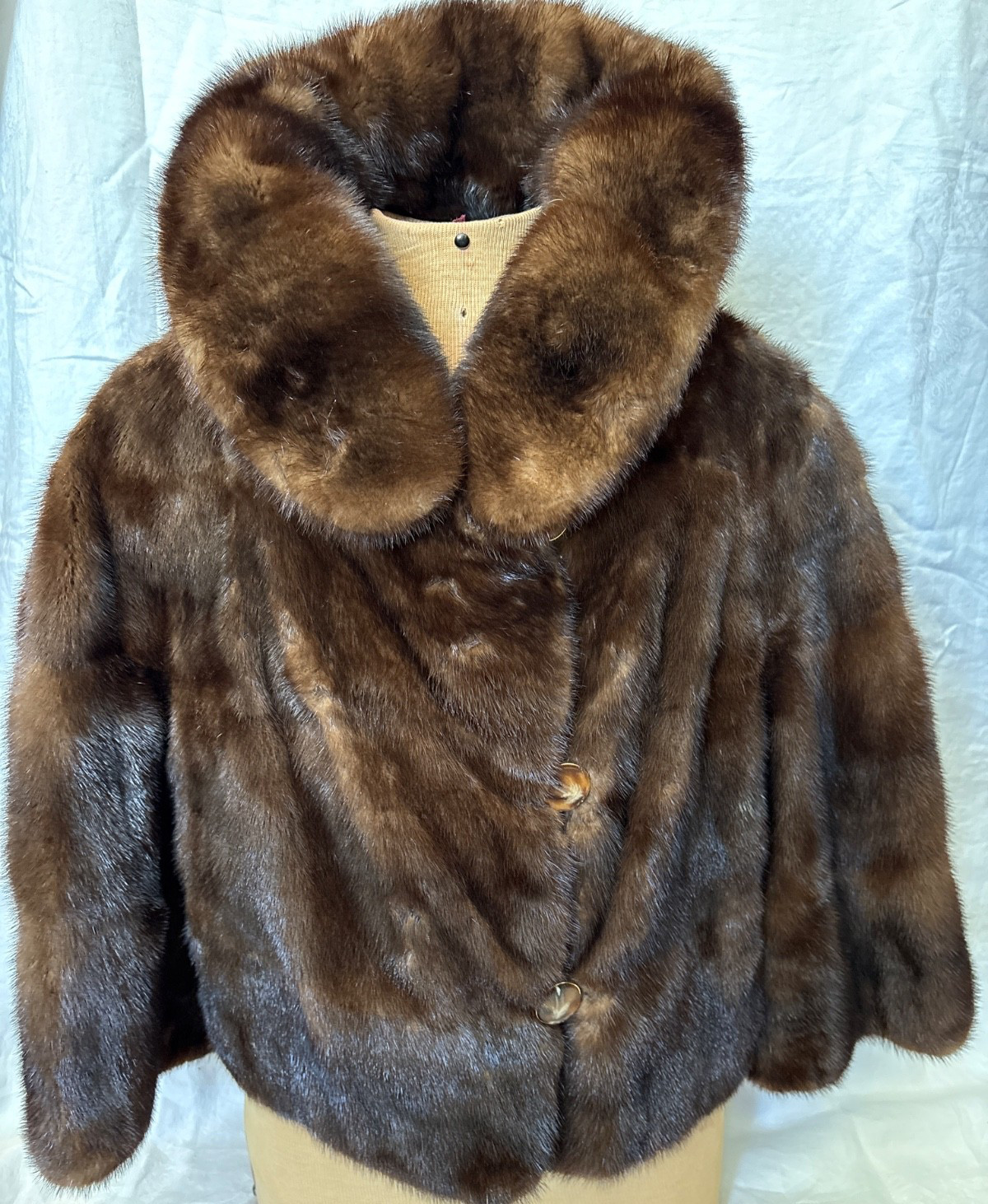 VINTAGE Brown Mink 50’s SHRUG JACKET LADIES SMALL-Shawl Collar-Bracelet Sleeves