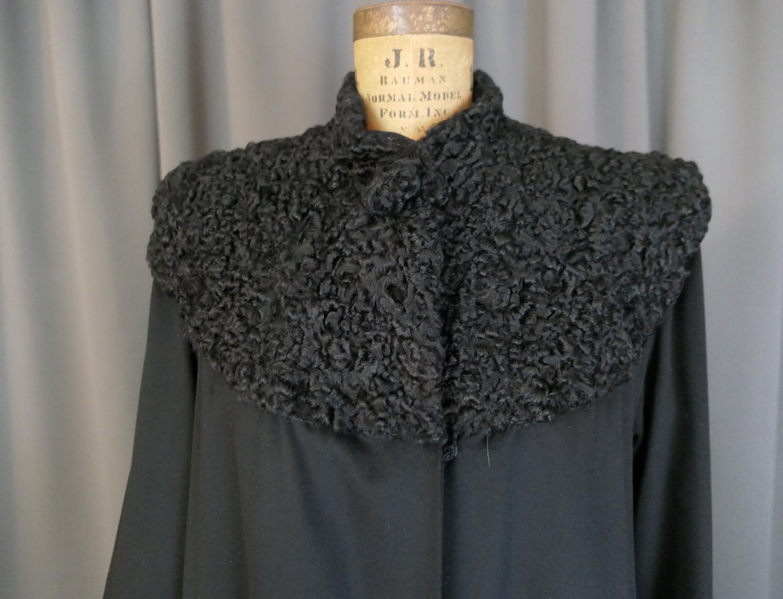 Vintage 1940s Black Wool Coat Winter with Persian Lamb Fur Collar, 40 inch bust