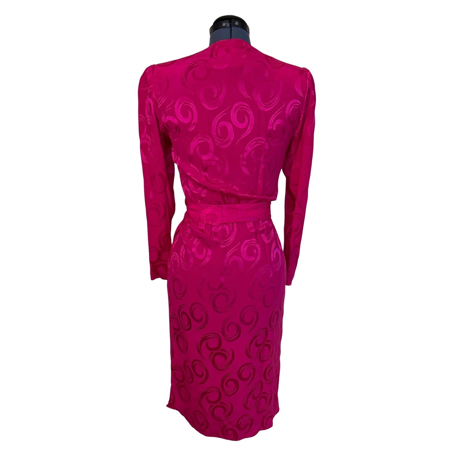 Vtg Argenti Pink Silk Jacquard Wrap Dress Midi 80s Luxury Glam Mob Wife 4 NEW