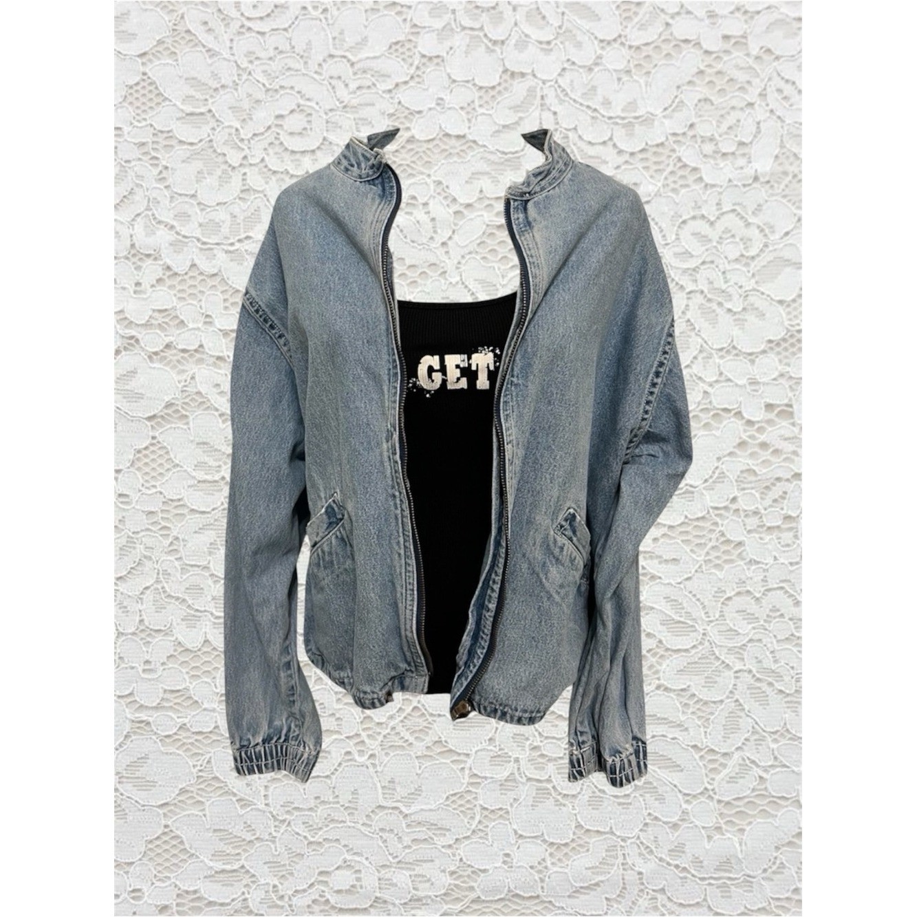 vintage light blue denim bomber jacket