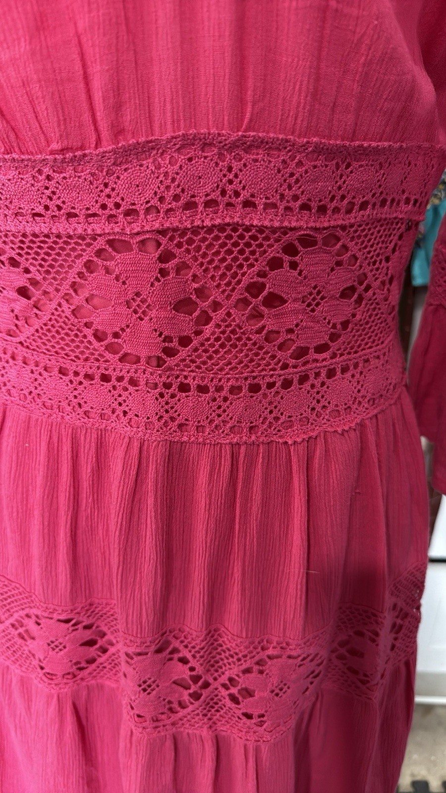 Vintage 80s Nieman Marcus Hot Pink Mexican Wedding Maxi Dress Boho M Lace Bell