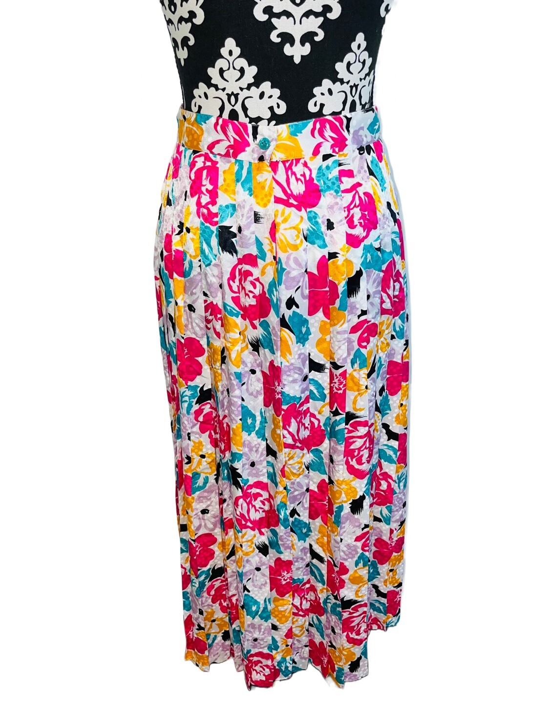 Halston III Vintage Midi Pleated Skirt Size 8 Colorful Floral Artsy Spring