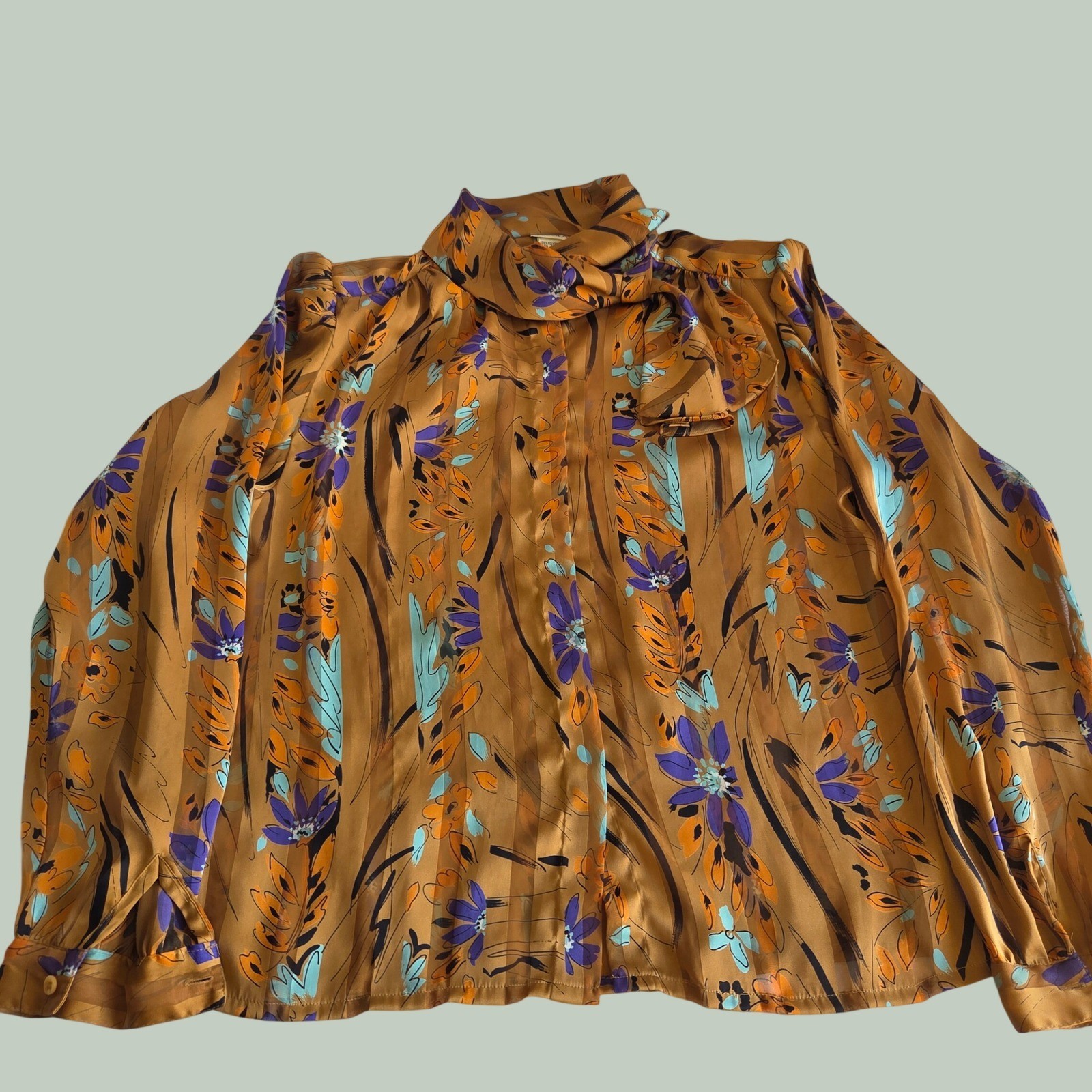 Vintage Nicola Floral Pussy Bow Blouse Brown Orange Purple Shoulder Pads Sz 10