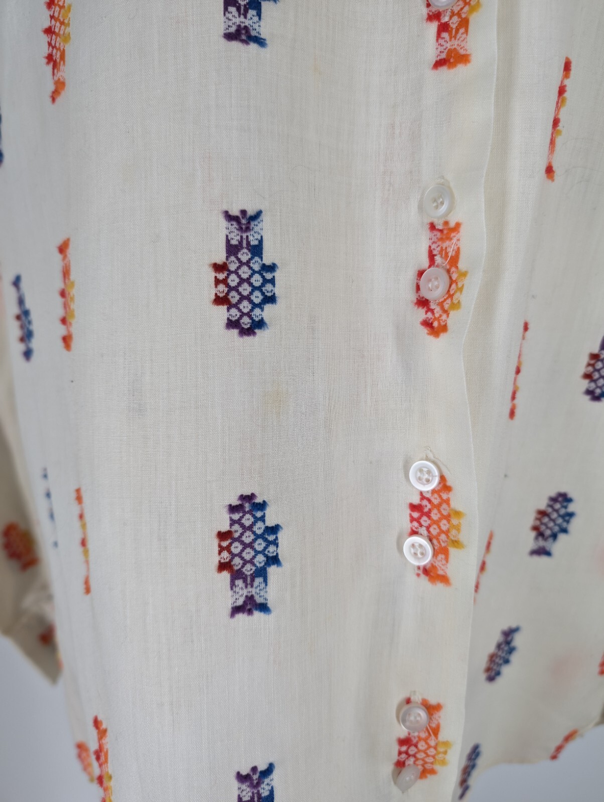 Vintage 70s Embroidered 3D Multicolor Boho Allover Print Disco Shirt Take #1 44″