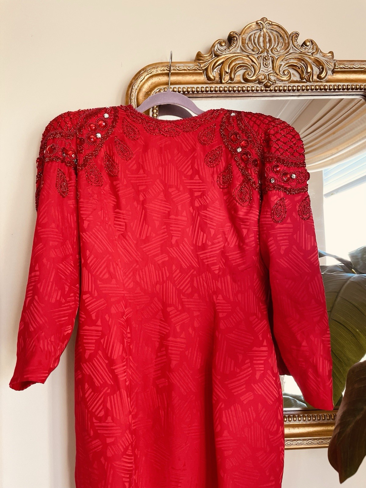 Vintage 80’s Silky Poly Hand Beaded Glam Stylish Red Dress 10