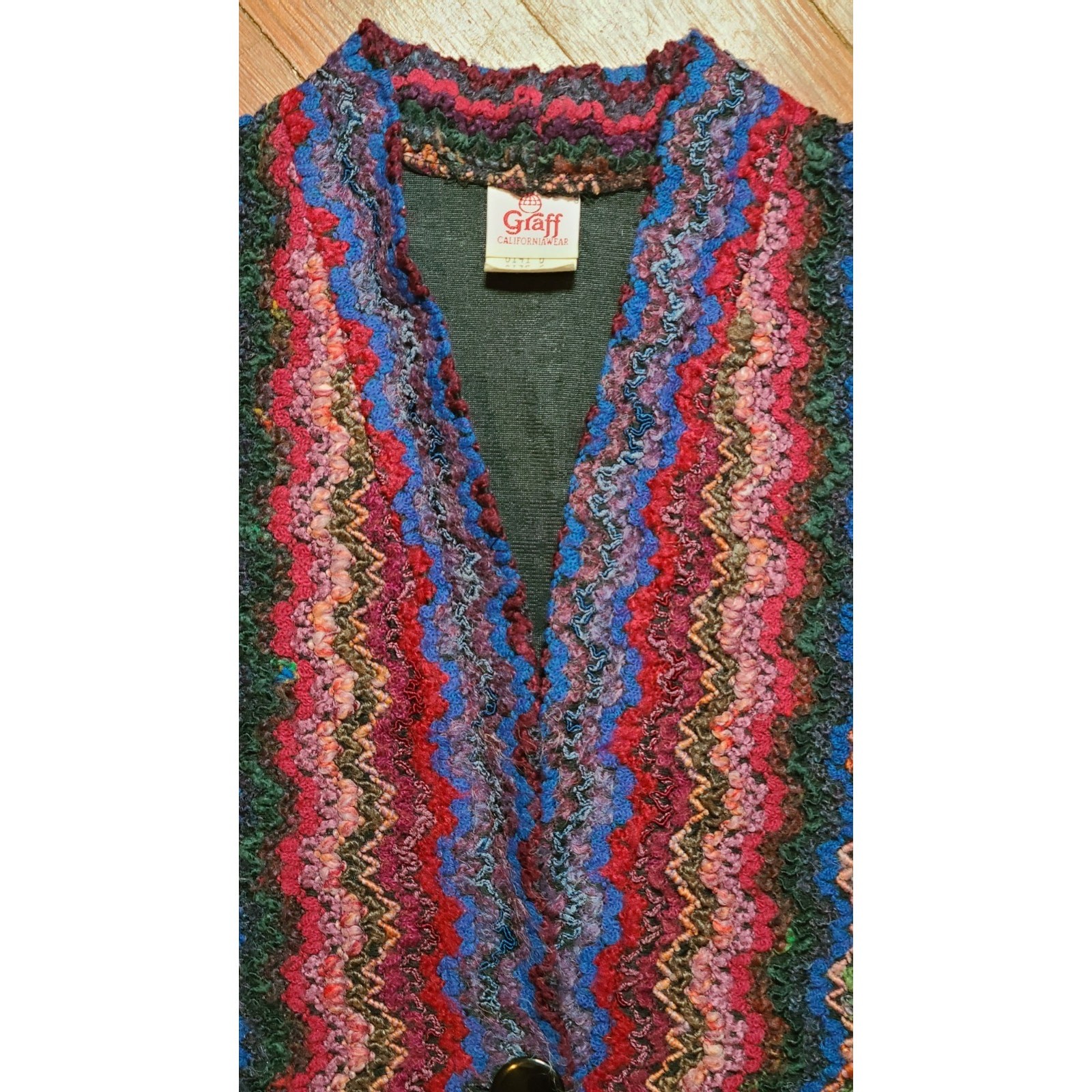 VTG Graff Californiawear Mohair Blend Colorful Boho Hippy Knit Cardigan SZ 6 USA
