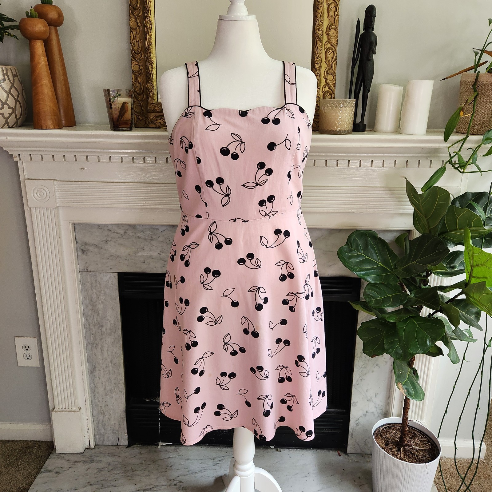 Vintage 90s Pink Cherry Print Dress Sz 12 Black Rockabilly Pinup Twee Retro
