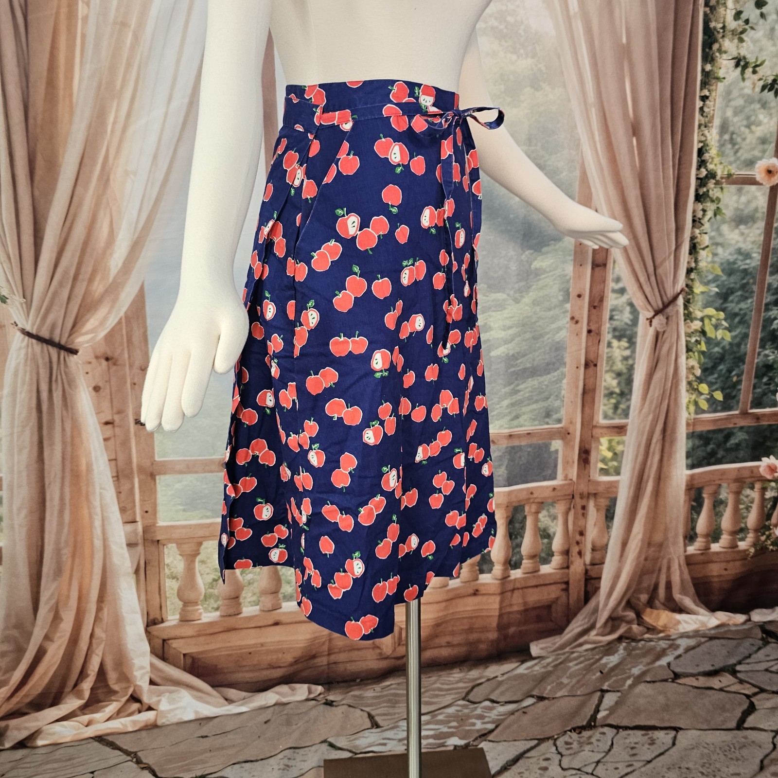 Vintage 1970s Wrap Skirt Navy Blue Red Apple Print Tie Closure Magic Union Label