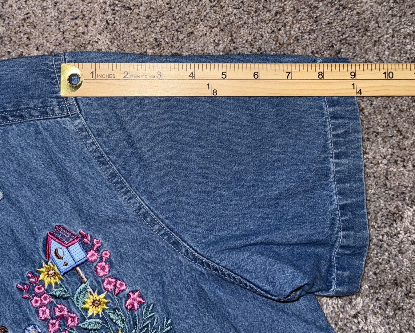 Womens 14/16W Denim Shirt Embroidered Floral Bear Garden Cottagecore Grandmacore