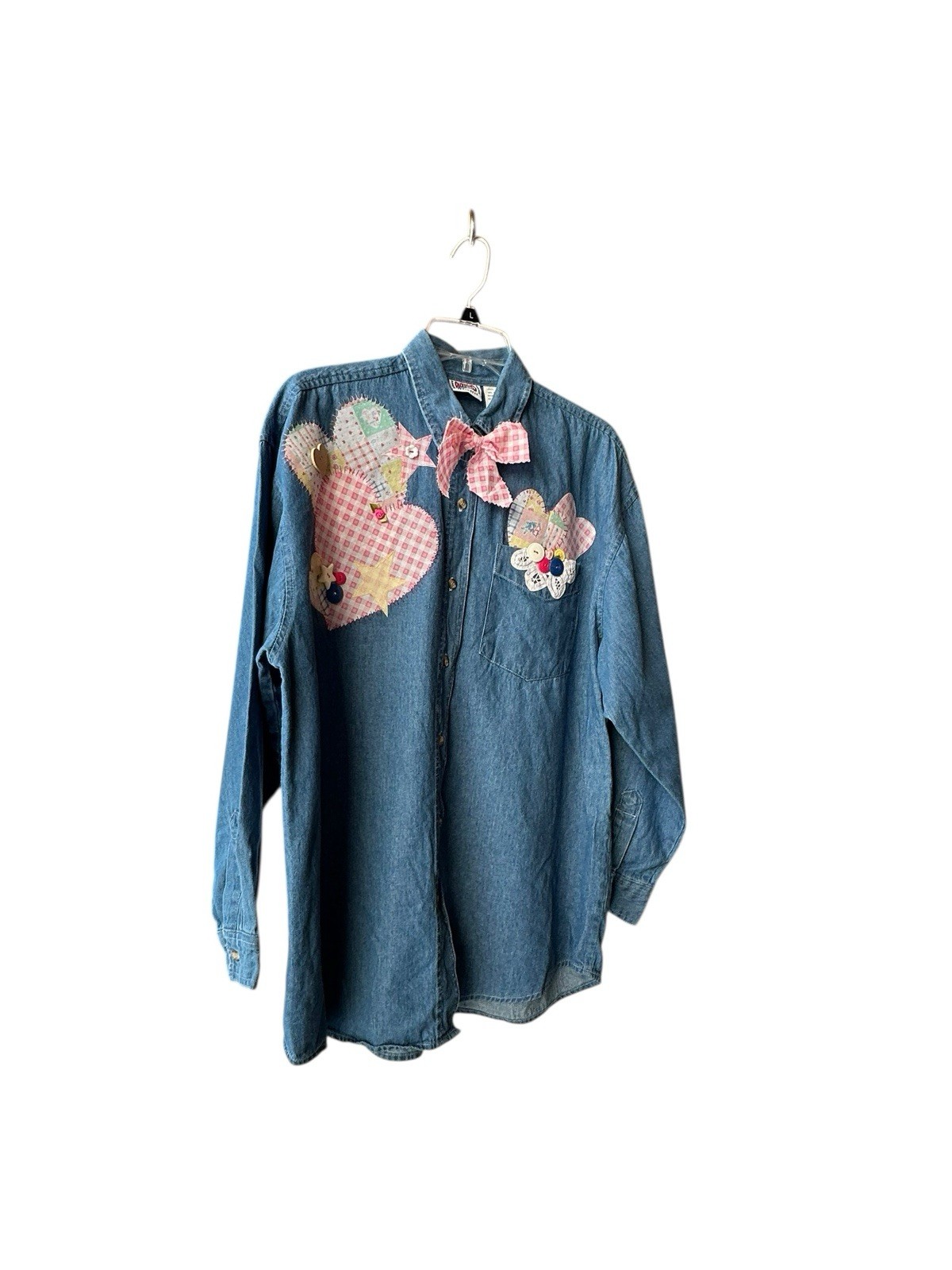 Vtg Western Country 90s Patchwork Denim Top Appliqué Hearts Buttons Lace Large