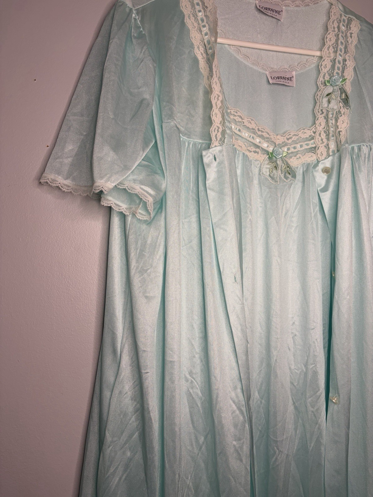 Vintage Lorraine Peignoir Set Nightgown Pale Blue Floral And Lace Detail NWT L