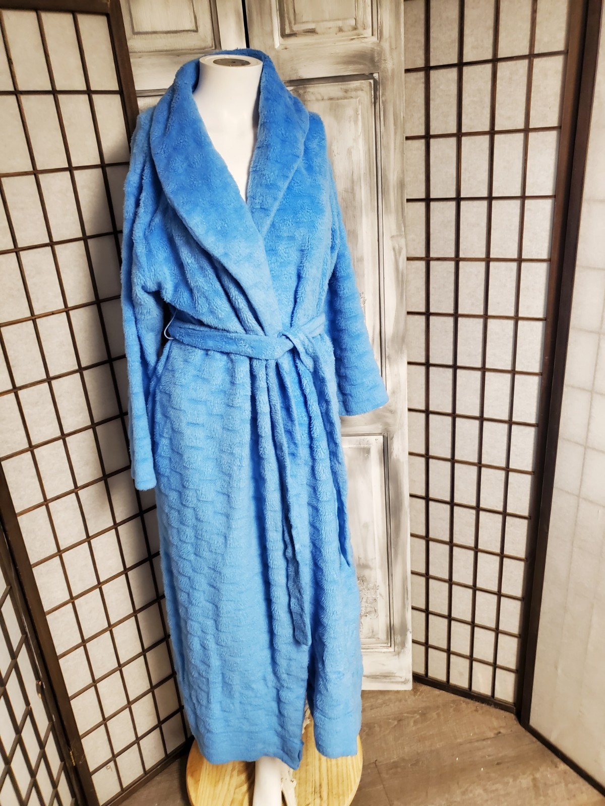 Vtg 60s 1970’s Evelyn Pearson Robe Blue With Belt Faux Fur Luxurious Size M