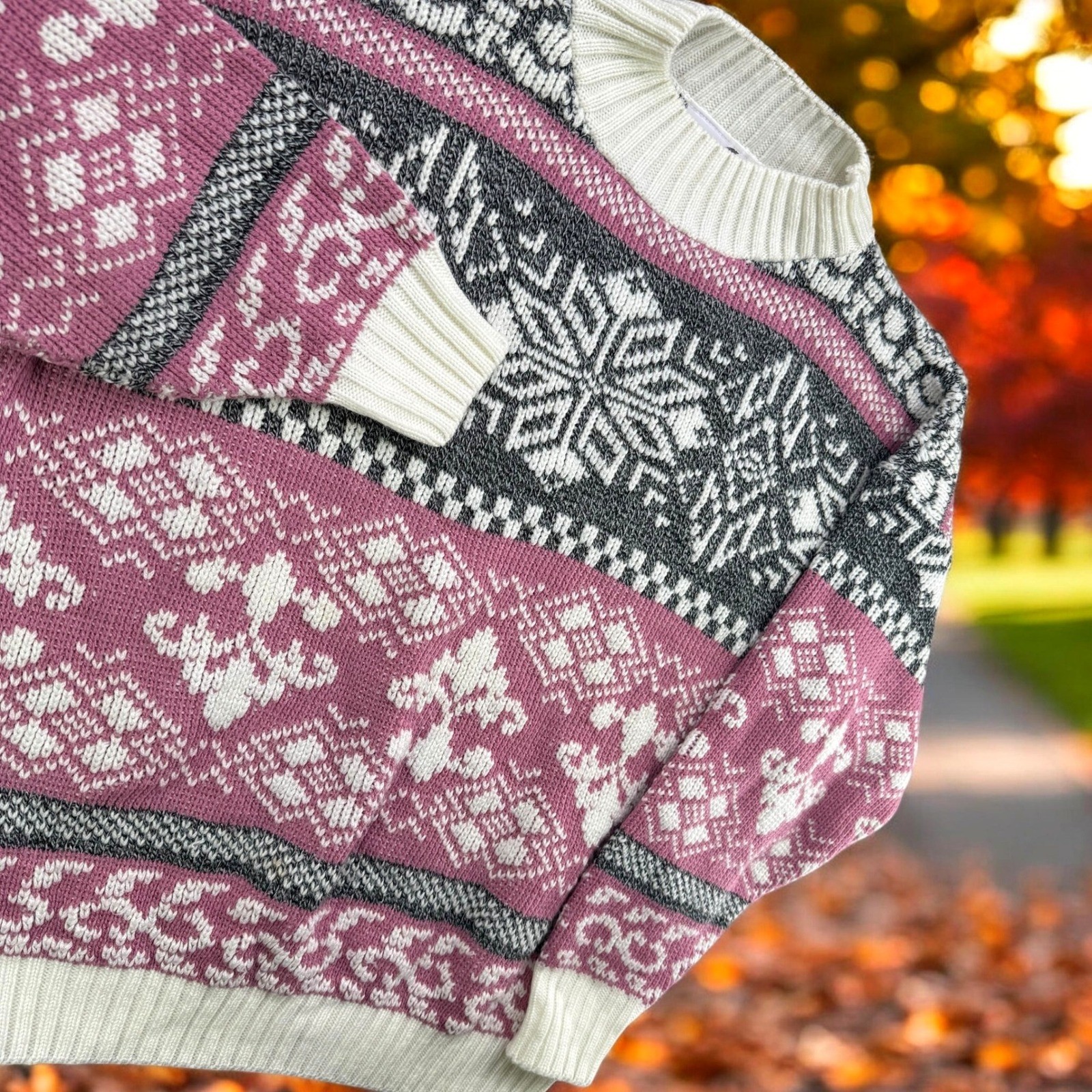 Vintage Cut 4 U Nordic Snowflake Fair Isle Knit Sweater Women XL Pink Mock Neck
