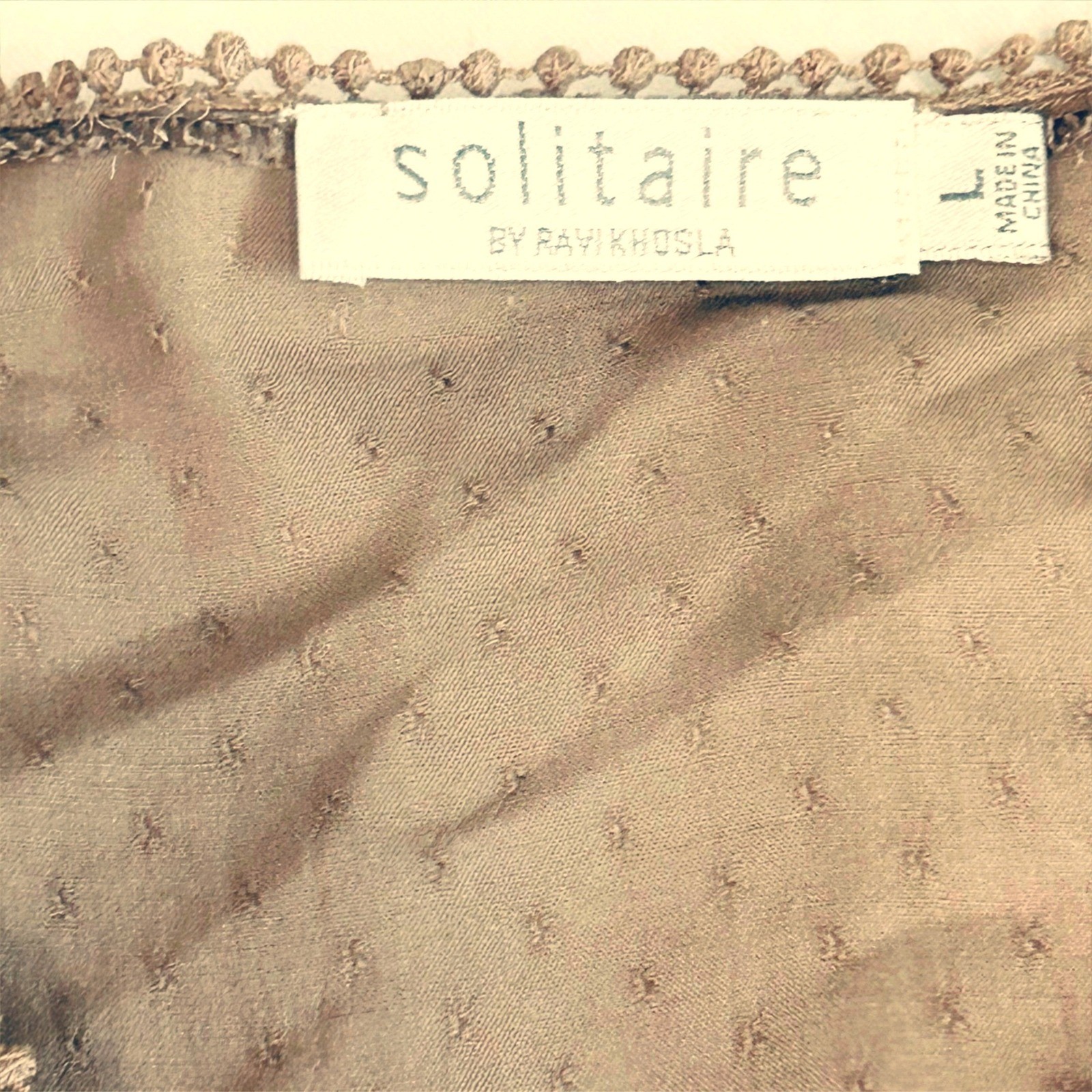 Solitaire Ravi Khosha crochet BOHO chic tan top rayon cotton lightweight tunic L