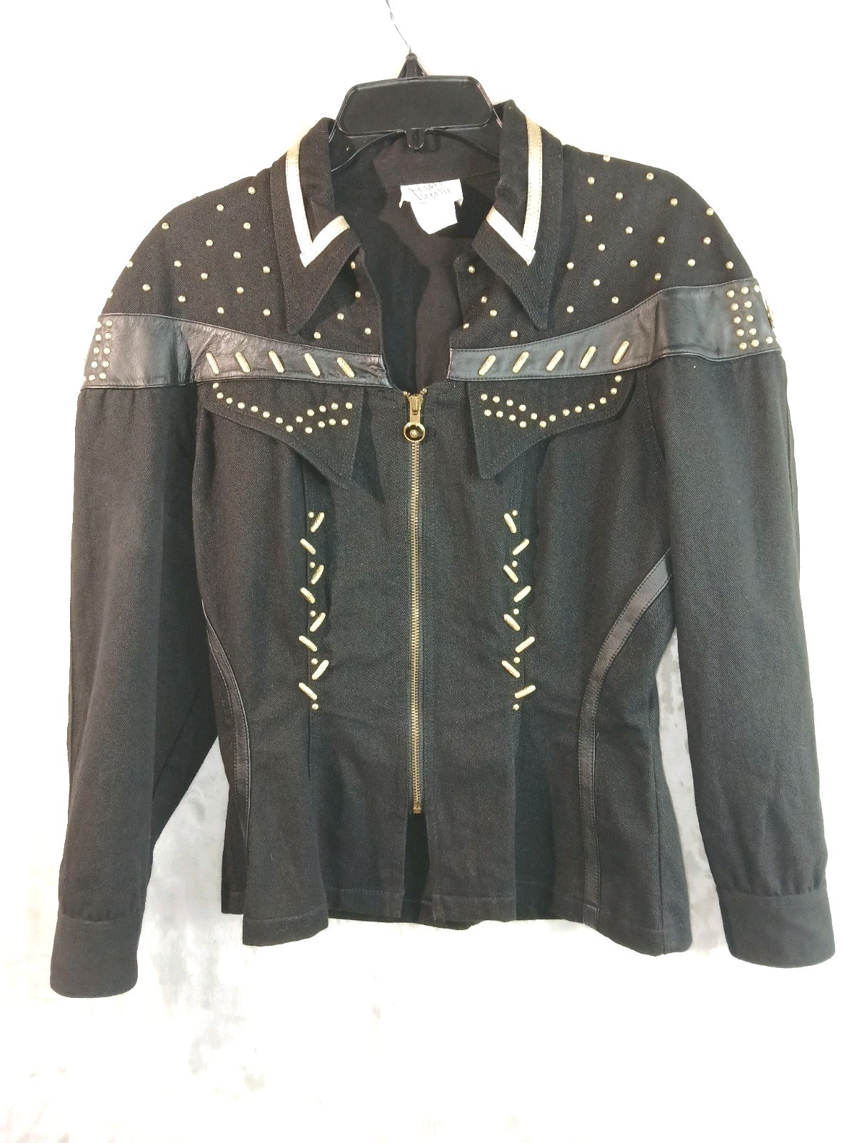 Andrea Isabella Black Tappered Jean Jacket W/ Gold Studs Made In USA 80’s Small