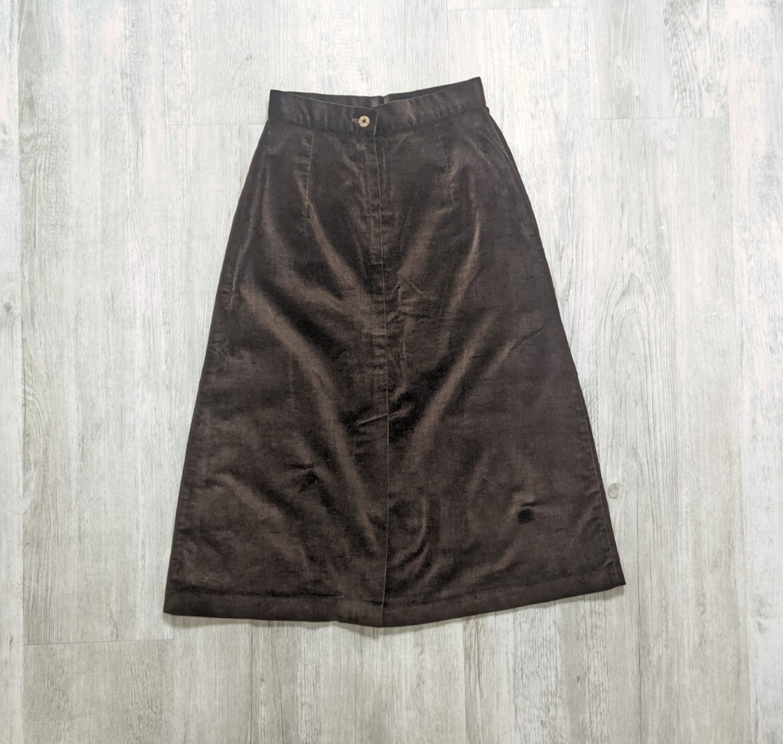 Vintage 70s Chocolate Brown Velvet Midi Skirt A-line Size XS/S
