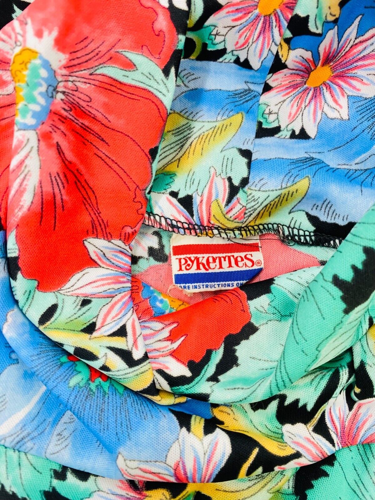 Vintage 1970s colorful floral shirt blouse top red turquoise long balloon sleeve