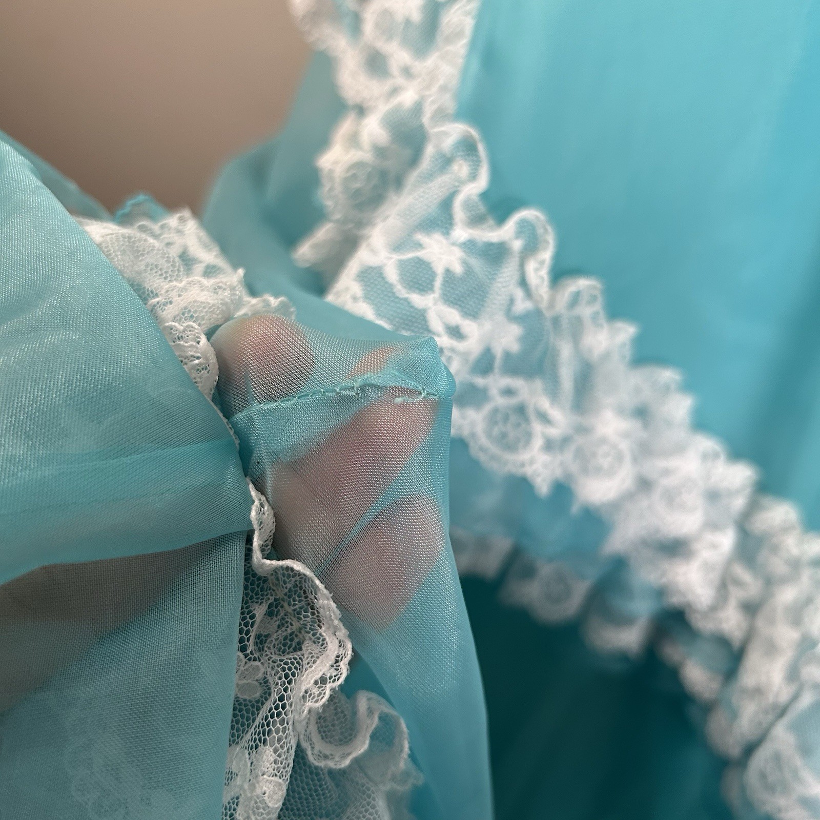 VTG 70s/80s Mike Benet Southern Belle Prairie Aqua Lace Organza Maxi Dress Sz S