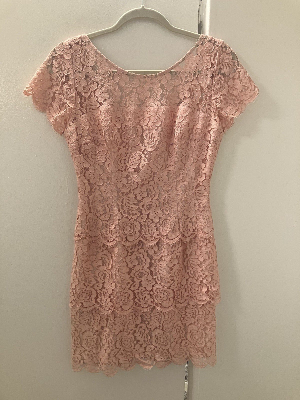 Mary Jo Bruno Vintage Pink Floral Lace Cap Sleeve Sheath Dress Sz M AS IS