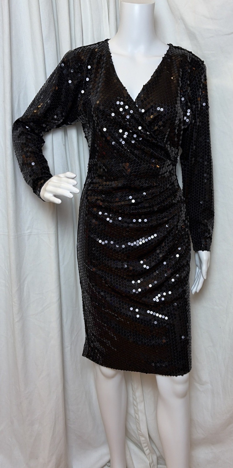 VTG 80s 90s Night Way Black Sequin Body Con Cocktail Party Midi Wrap Dress 6/S