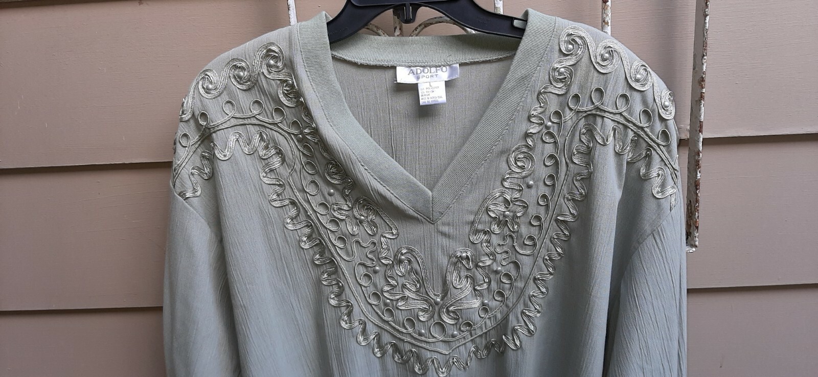 Vintage 80s Womens Top By Adolfo Sport Sage W/ Pearls & ribbon Bodice