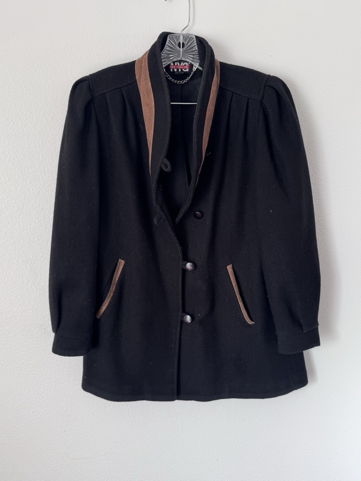 Vintage 80s NYG New York Girl 100% Wool And Leather Coat Size 8 EUC Union Made