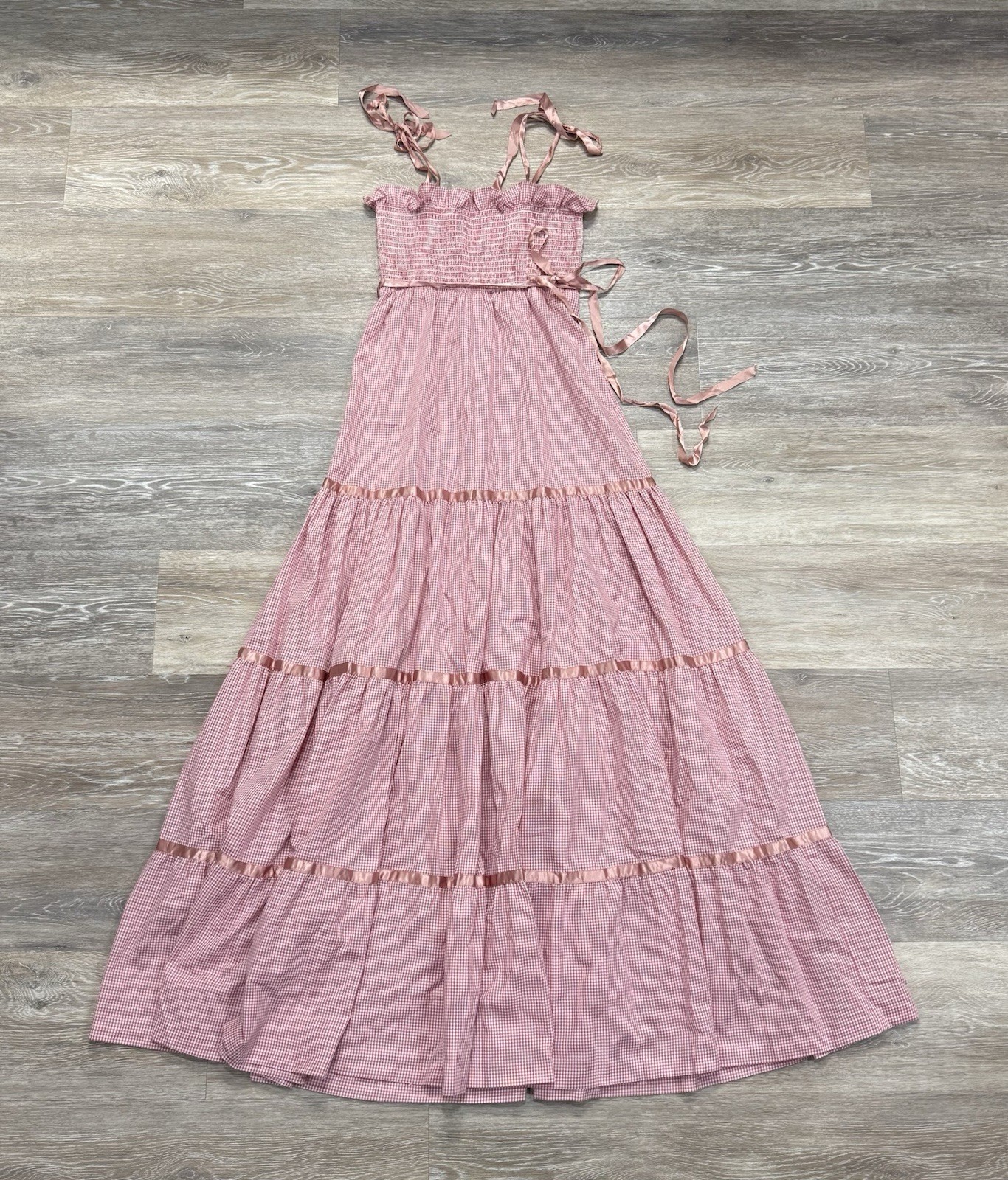 Vtg Vicky Vaughn Pink Gingham Embroidered Smocked Maxi Sundress Tiered XS/ S