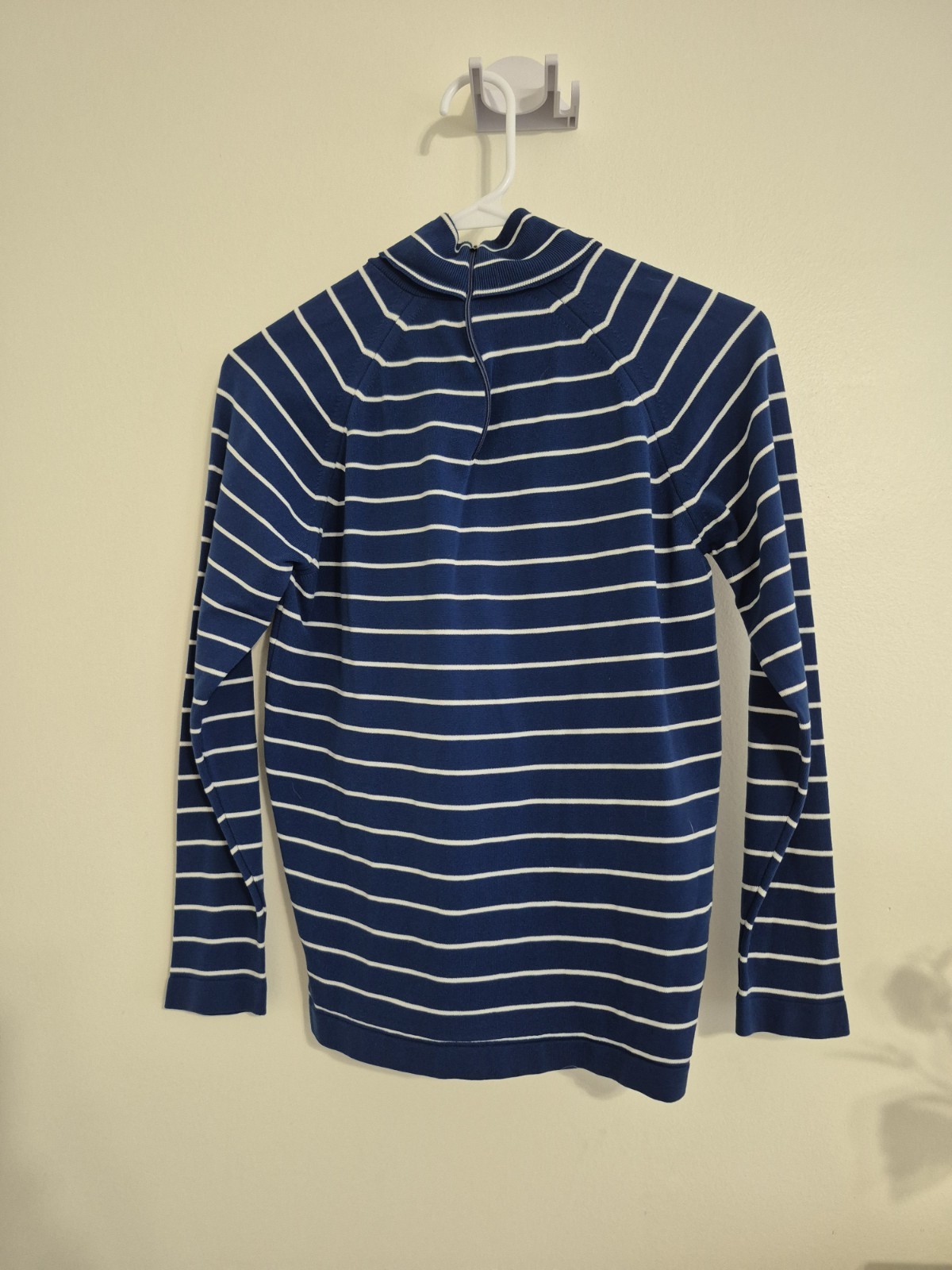 Vintage 70s Style Blue White Striped Ribbed Turtleneck Back Zip Women -Small