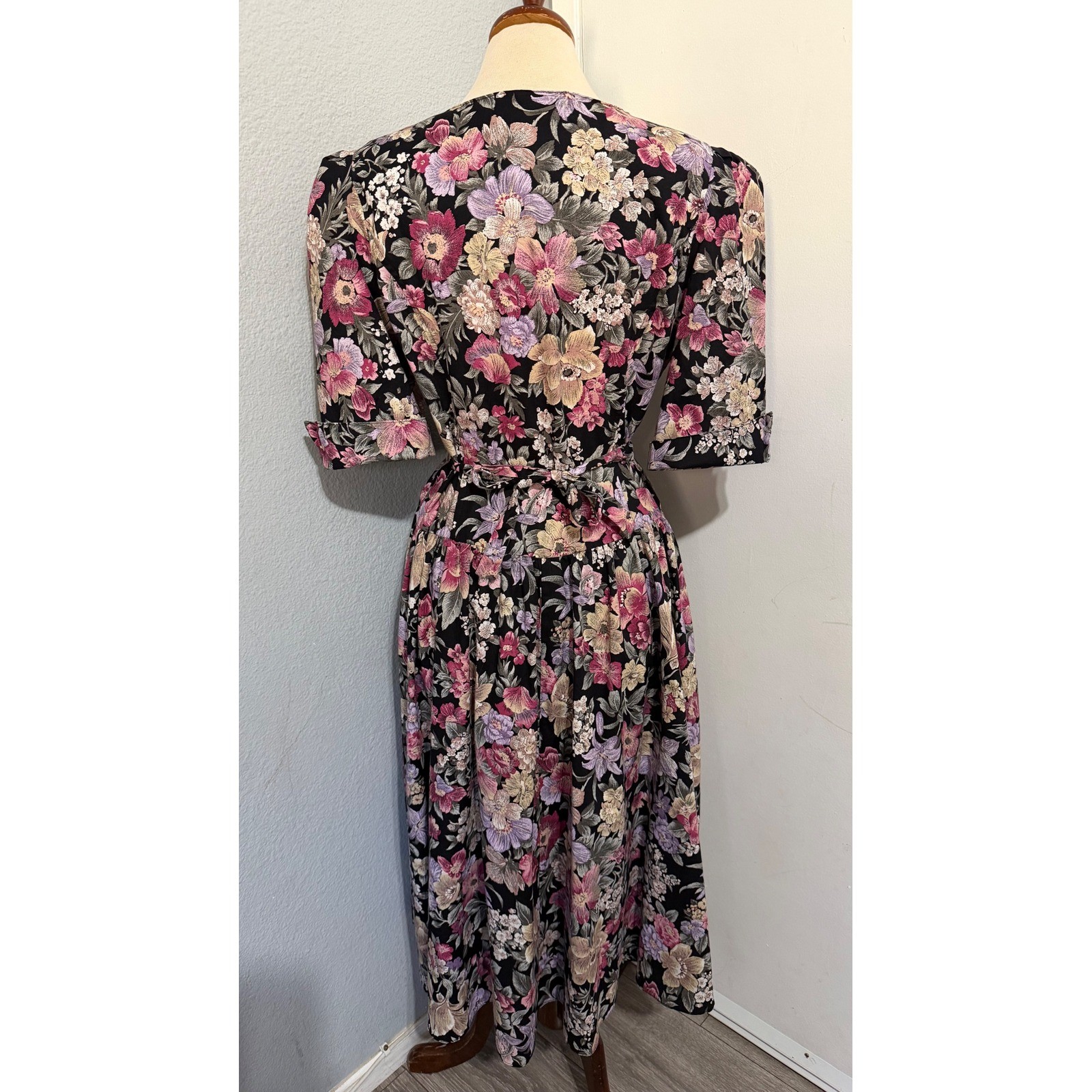 Miss Dorby Vintage 90s Floral Midi Dress L Black Purple Button Front USA Made