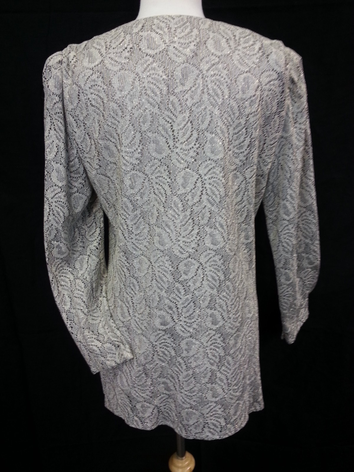 VTG 80s Karen Miller Jacket Top Formal Crochet Gray-Silver Metallic Gold Disco L