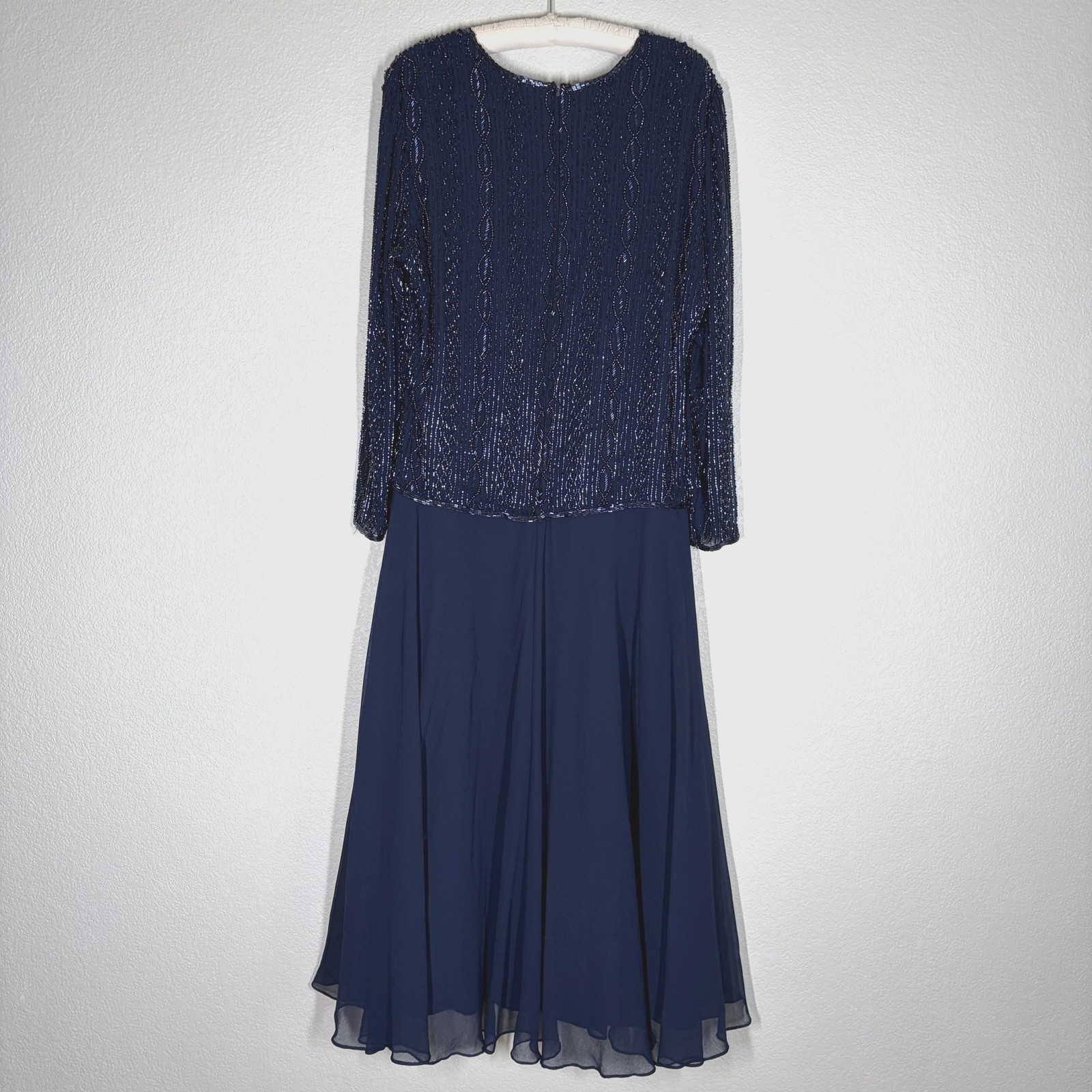 Vintage Brilliante by J.A. Navy Blue Beaded Gown Long Sleeve India MOB Large