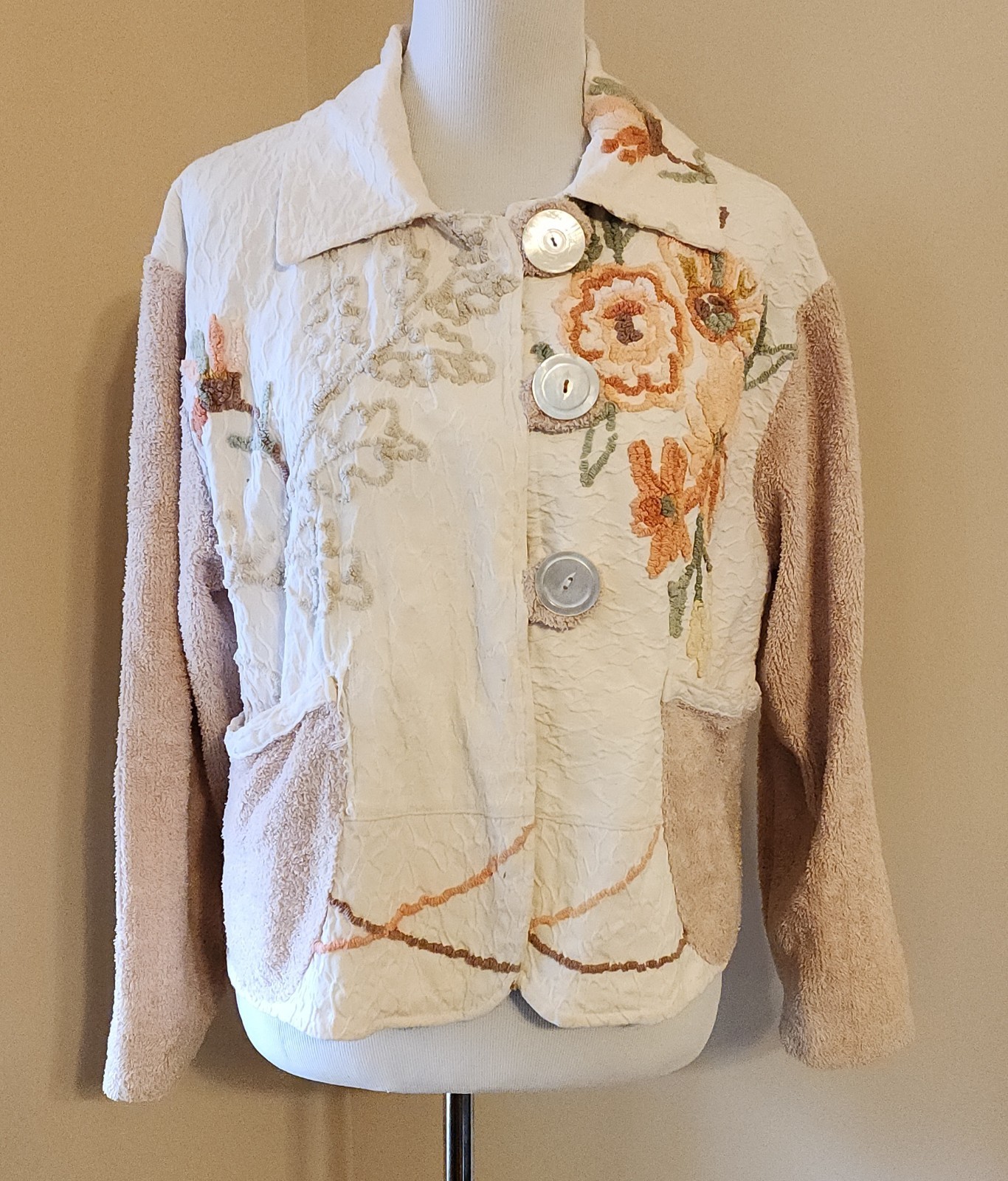 VTG Chenille Jacket Blanket Coat Bedspread Robe Deep Pile Floral 90s Does 50s