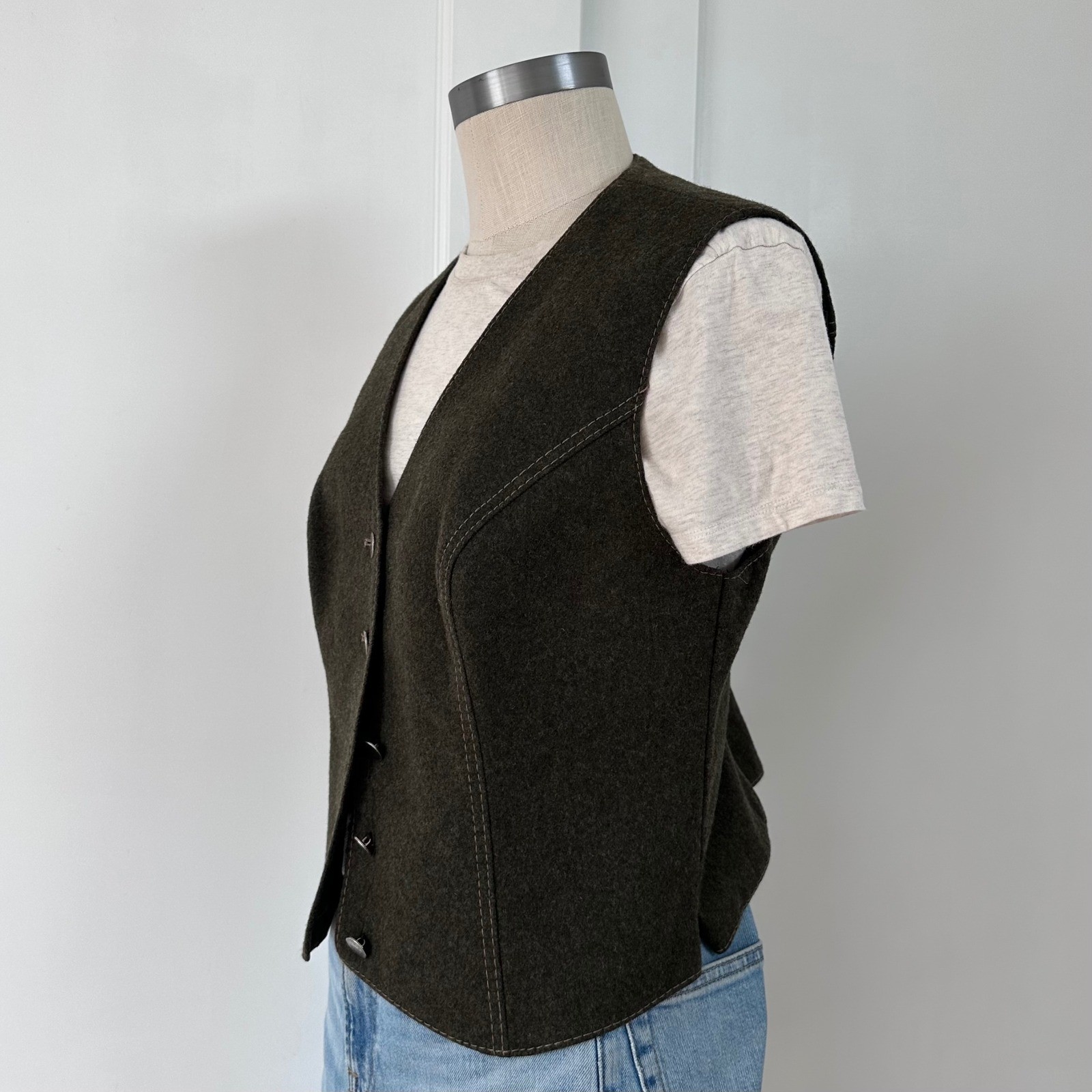 Vintage Green Loden Wool Vest Austrian Trachten Waistcoat Alpine Heritage Gilet