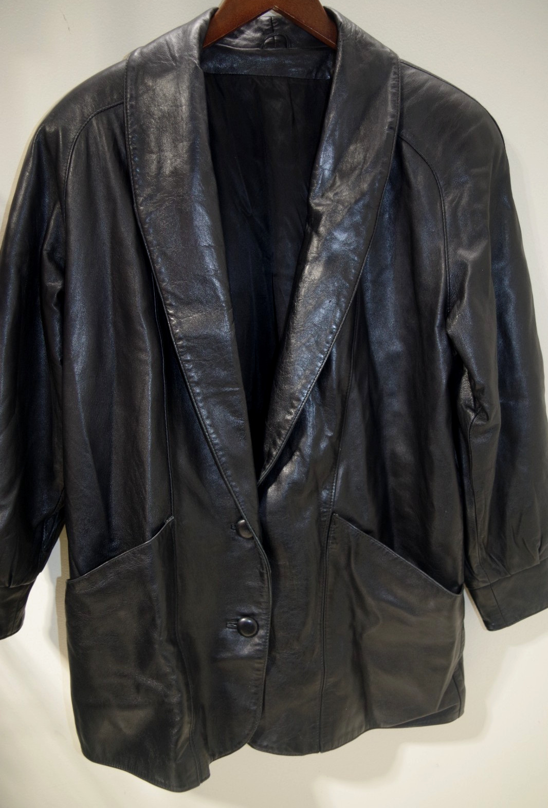 10B Vintage Womens M/L Black Leather Jacket Shawl Collar Raglan Coat