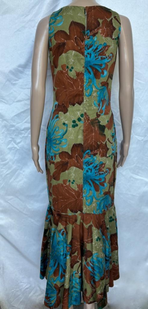 Malahini Hawaii Sheath Aloha Dress Trumpet Flared Ruffle Hem Tropical Barkcloth