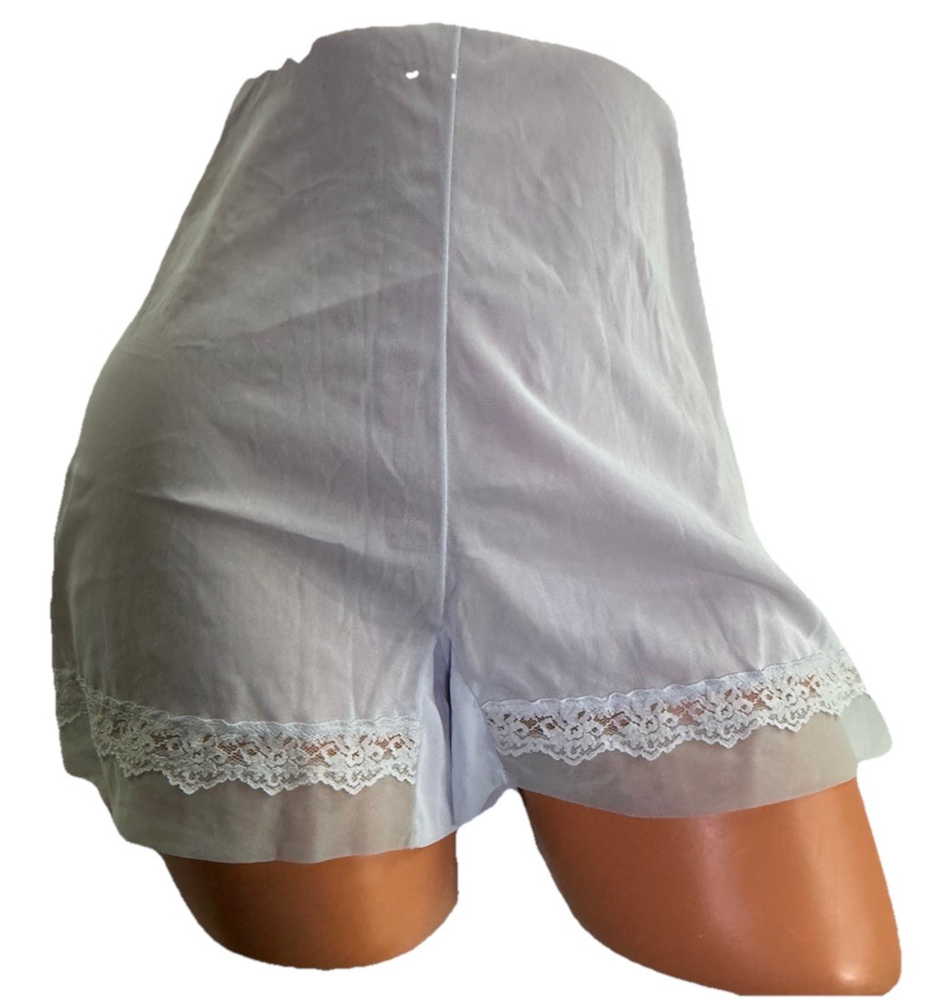 Vtg 60s Tap Slip Pants Bloomer Blue Nylon Chiffon Lace Wide Gusset Hi Cut 7 M L